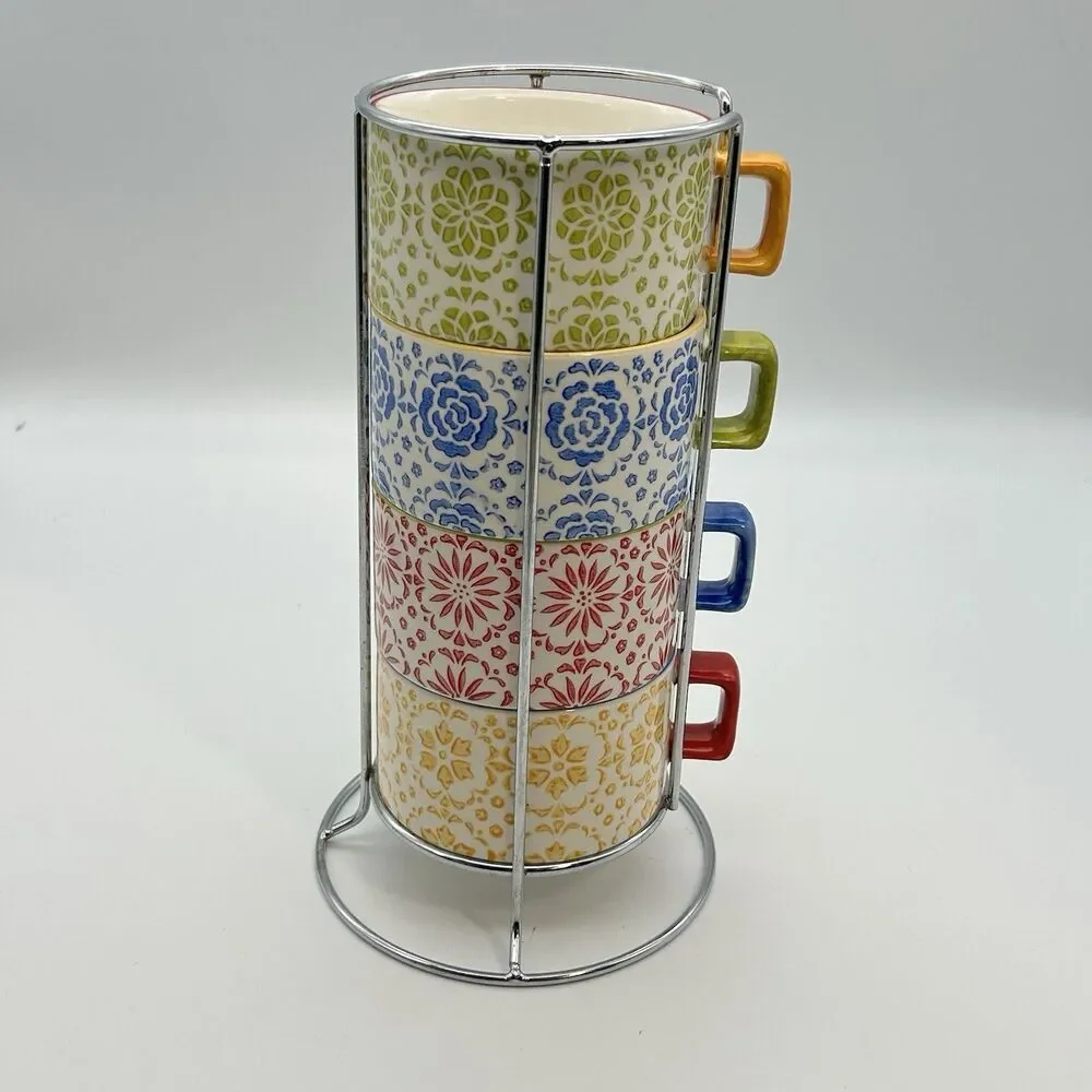 Pier 1 Imports Stackable Stoneware Mugs Set of 4 w/ Metal Stand Coffee  Cup